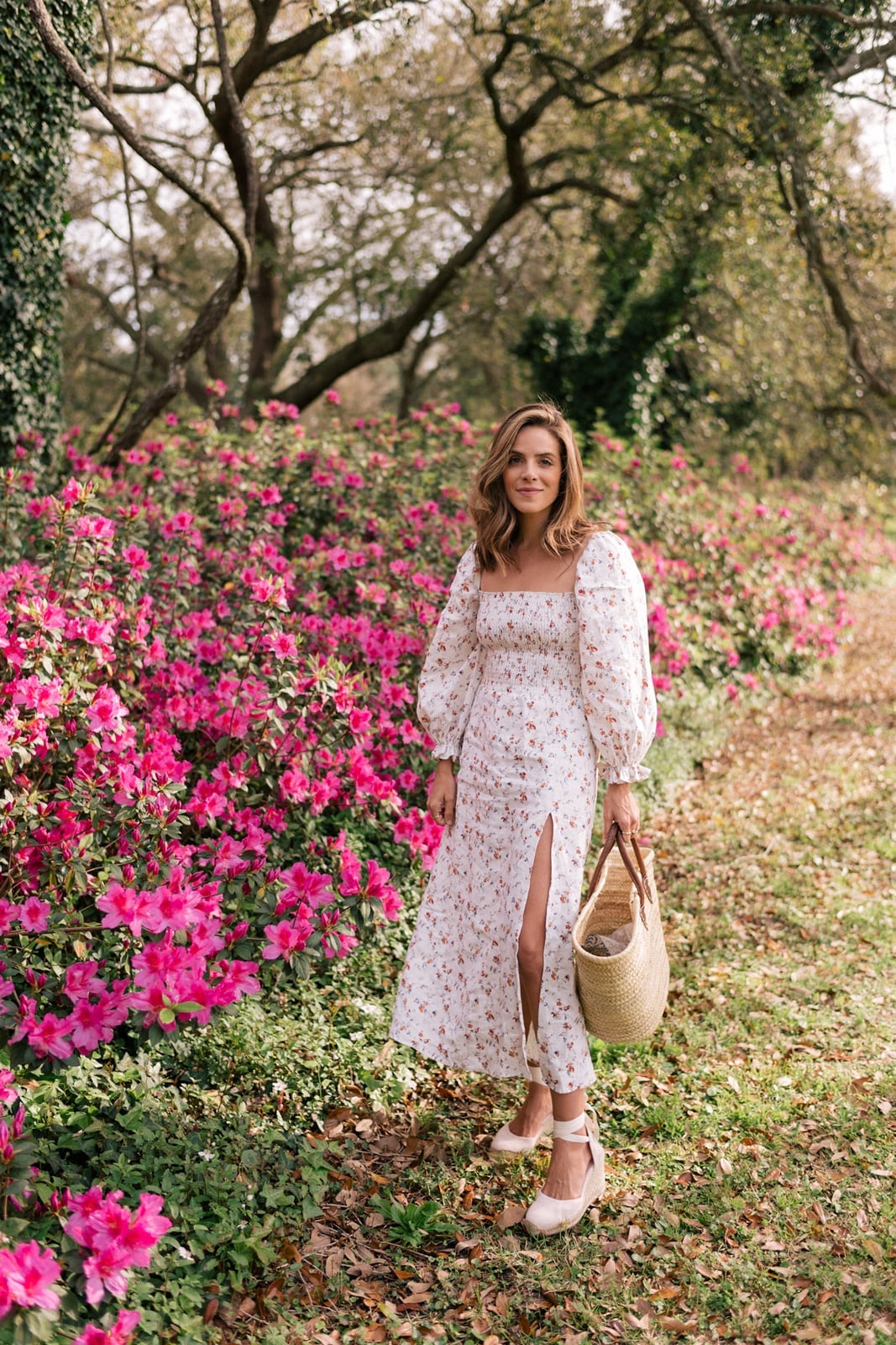 White floral midi dress with smocked bodice and puff sleeves White floral midi dress with smocked bodice and puff sleeves — White Picnic Dress 2027