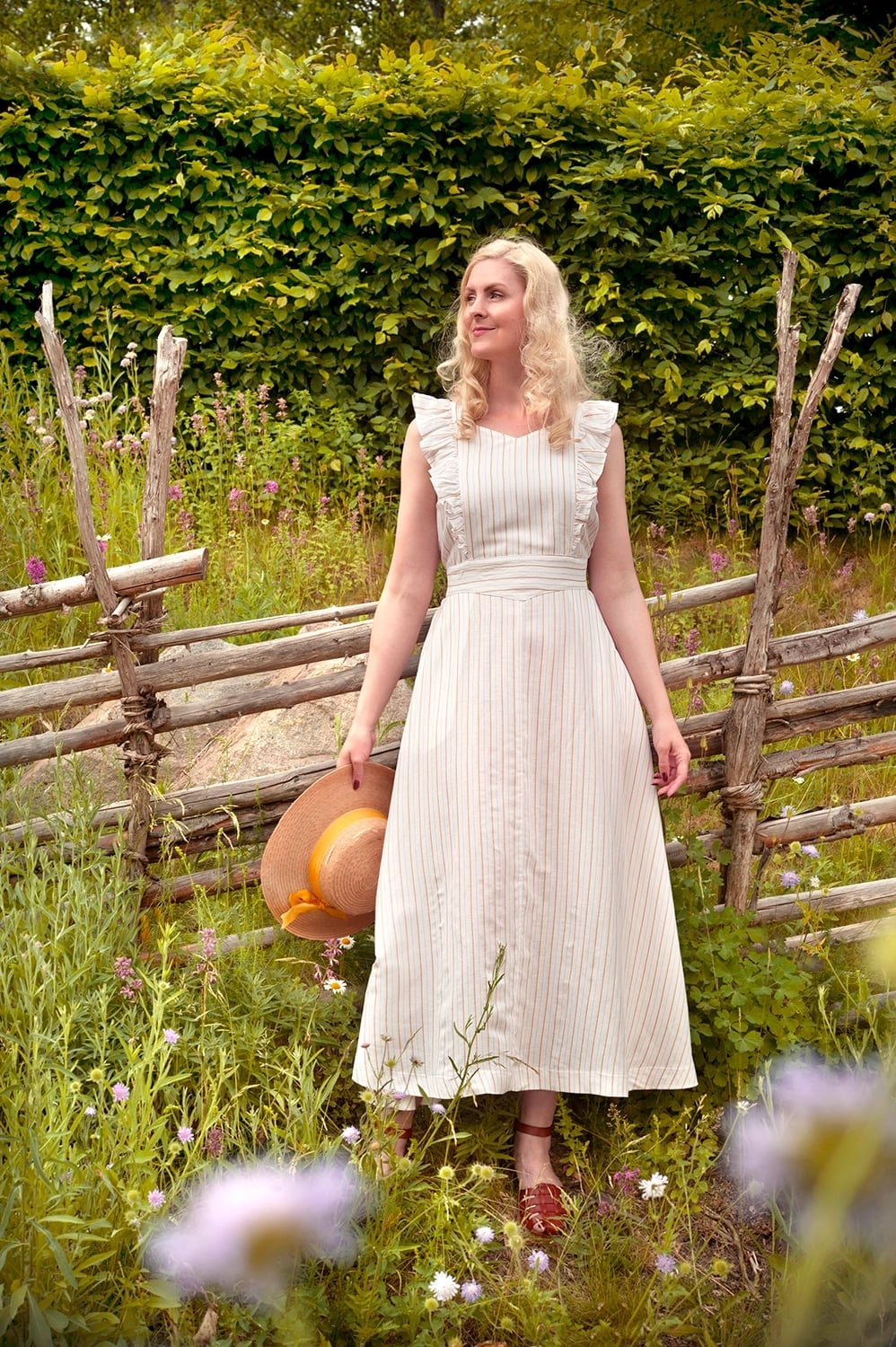 Off-white midi dress with ruffled shoulders and stripes Off-white midi dress with ruffled shoulders and stripes — White Picnic Dress 2027