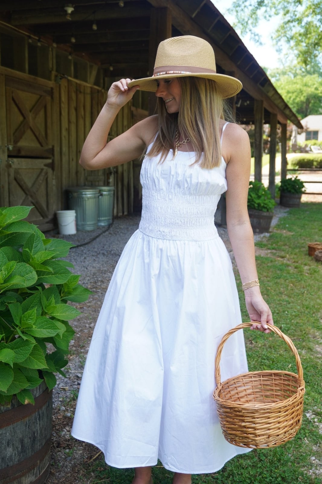 White smocked cami midi dress for casual wear White Picnic Dress 2027