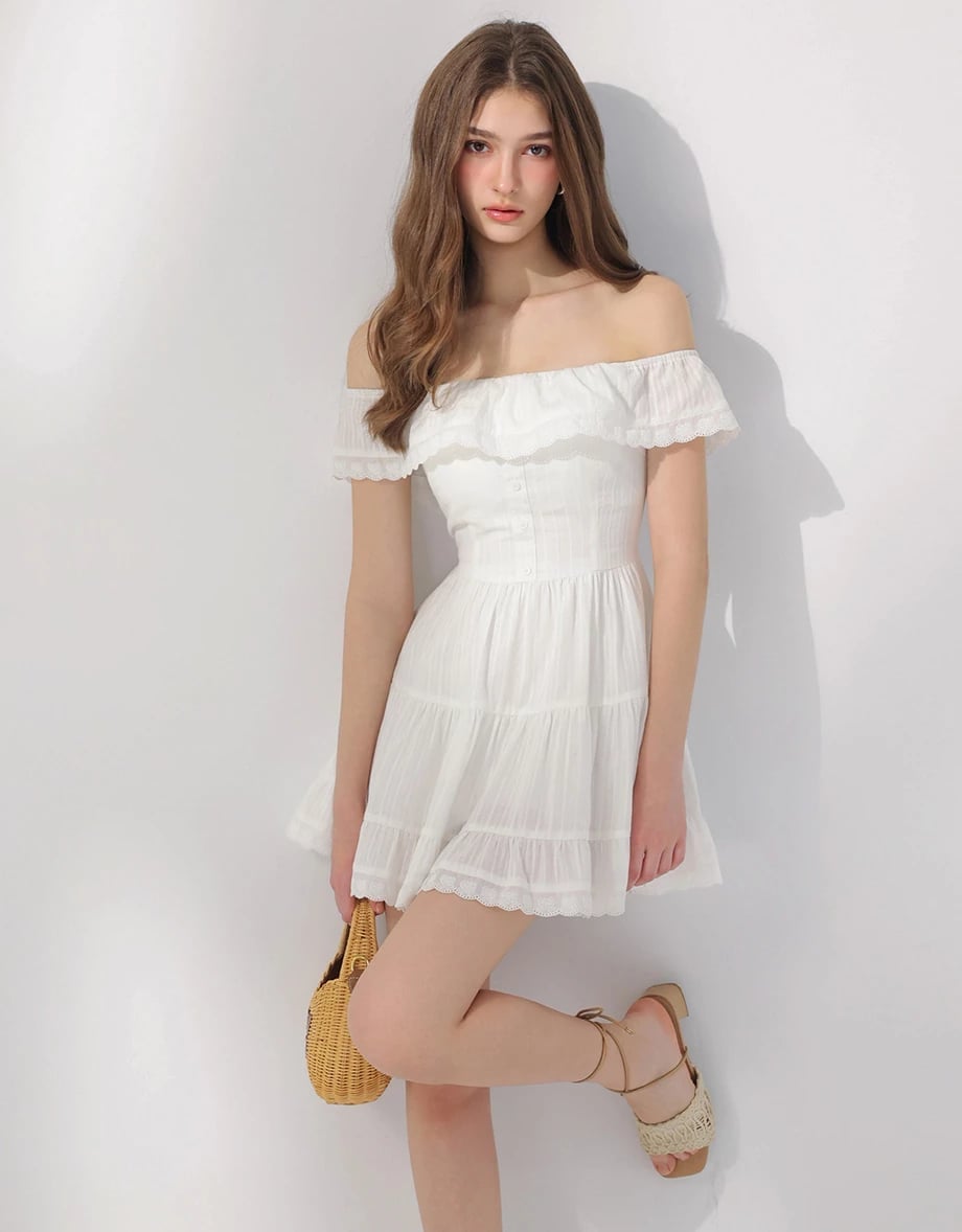 Off-shoulder white mini dress with tiered skirt Off-shoulder white mini dress with tiered skirt — White Picnic Dress 2027