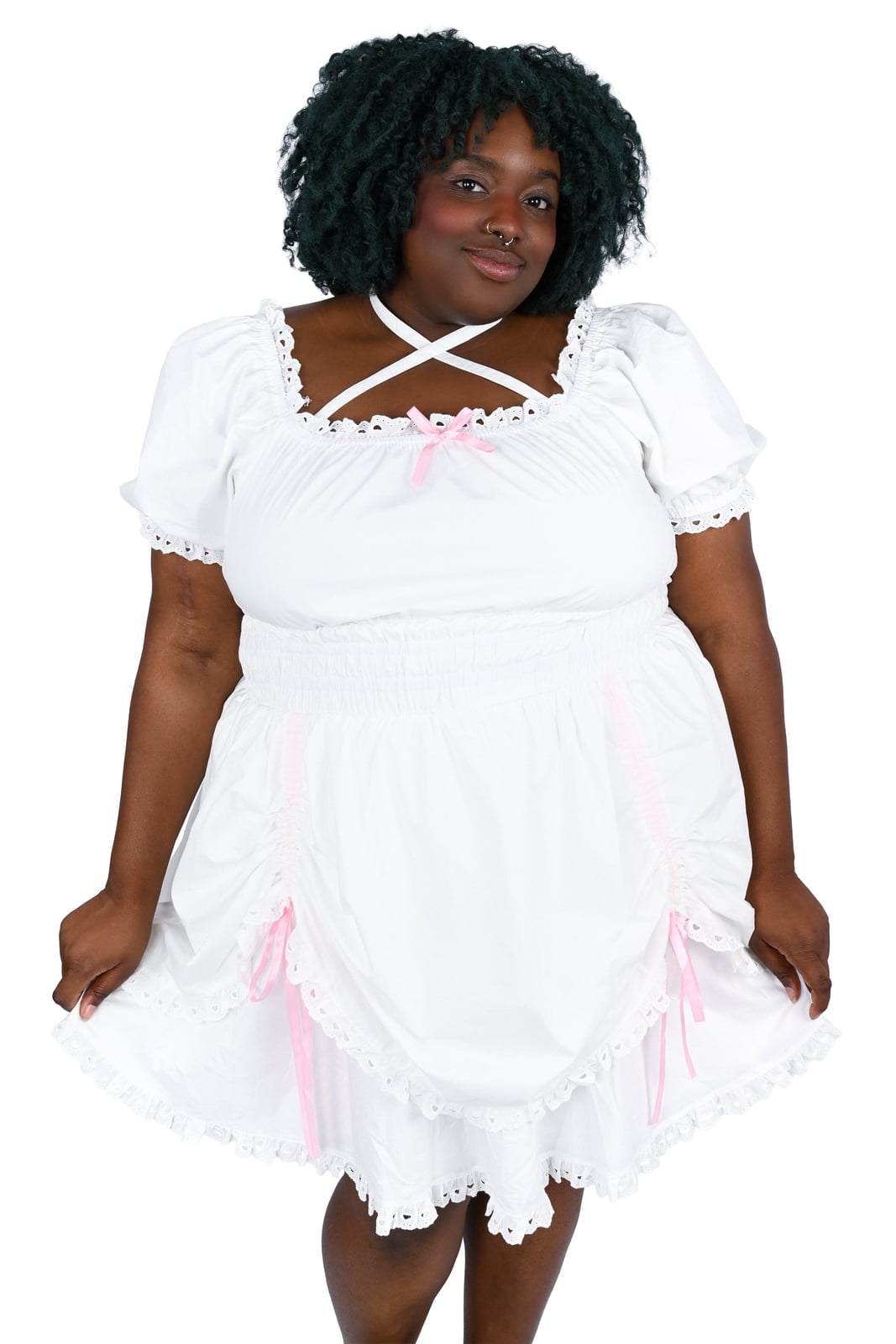 White short sleeve babydoll dress with pink ribbon White short sleeve babydoll dress with pink ribbon — White Picnic Dress 2027