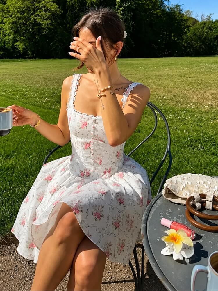 White floral print mini dress with lace strap detail White floral print mini dress with lace strap detail — White Picnic Dress 2027