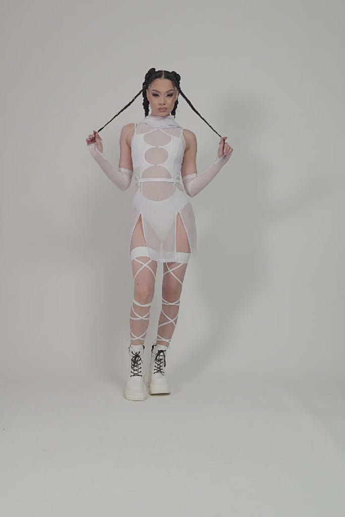 White Mesh Bodysuit and Sheer Dress White Mesh Bodysuit and Sheer Dress — White Rave Outfits 2027