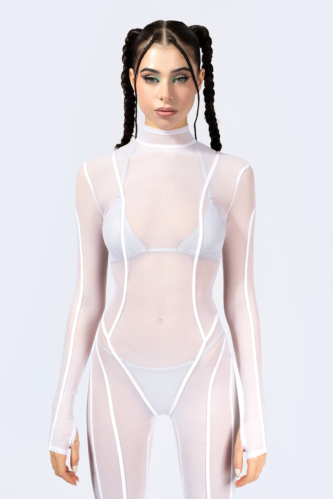 Sheer White Bodysuit with Piping Sheer White Bodysuit with Piping — White Rave Outfits 2027