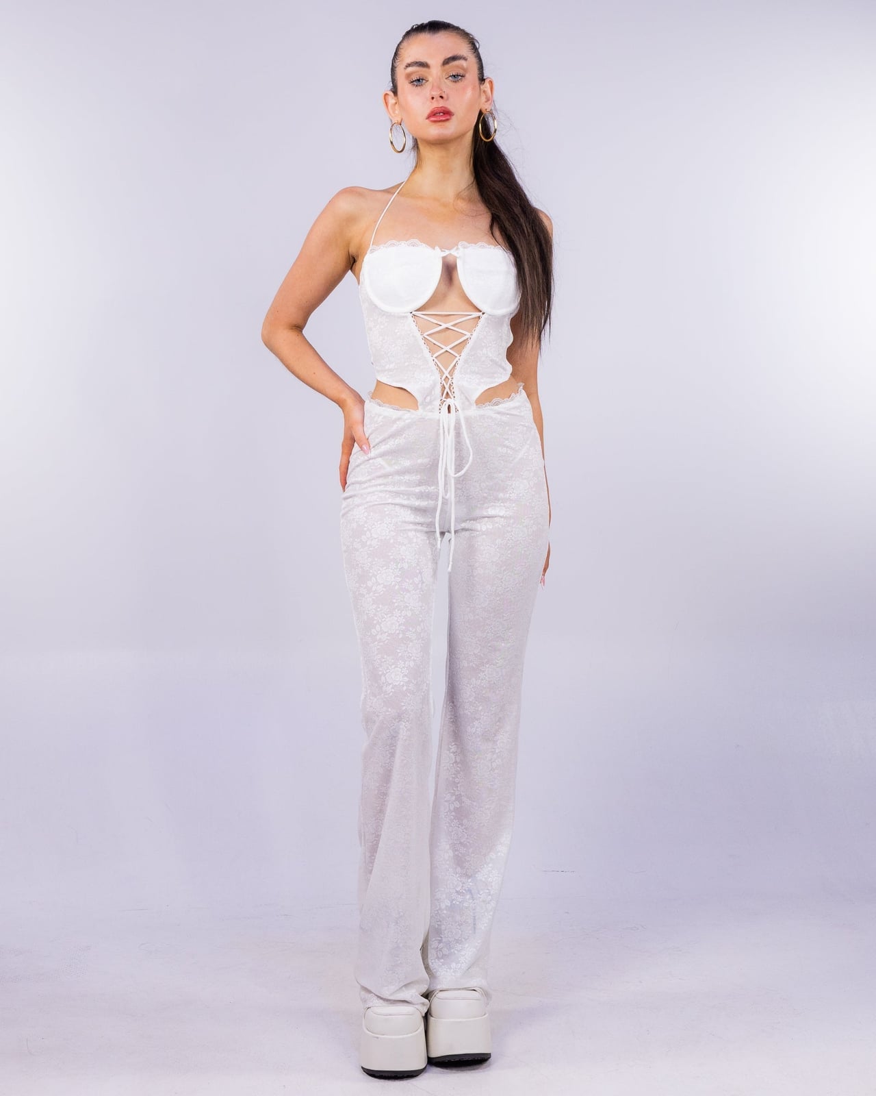 White Lace Corset and Wide-Leg Pants White Lace Corset and Wide-Leg Pants — White Rave Outfits 2027