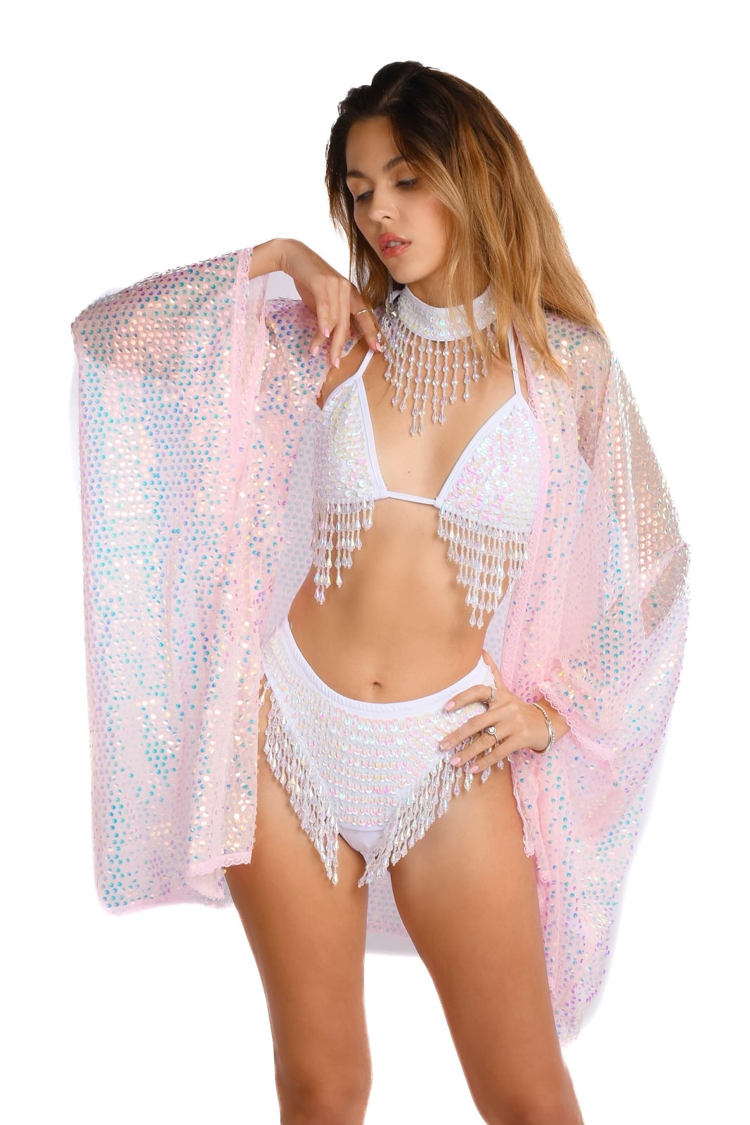 White Sequin Bikini with Pink Kimono White Sequin Bikini with Pink Kimono — White Rave Outfits 2027