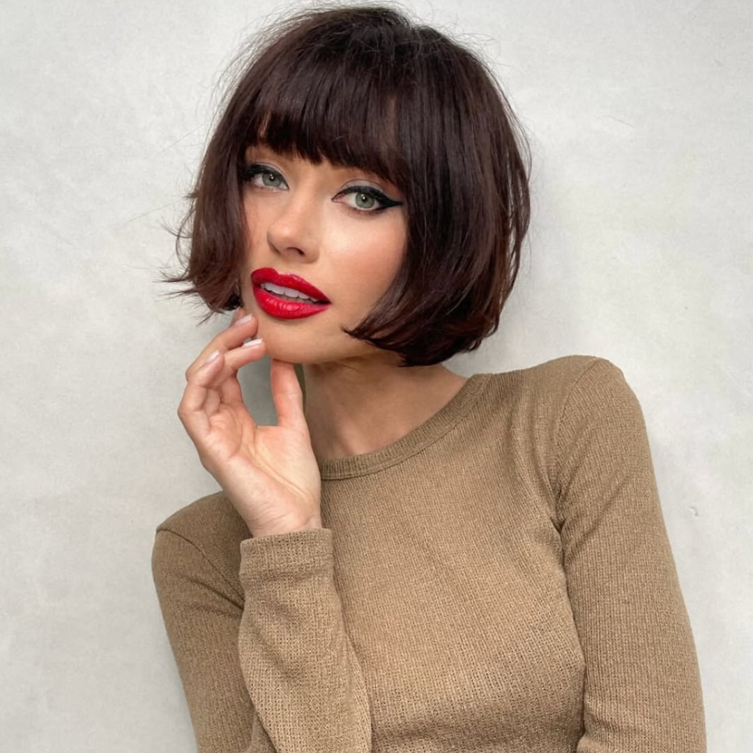 Dark Brown Chin Length Blunt Bob With Full Fringe — Winter Haircuts 2027 for Oval Faces