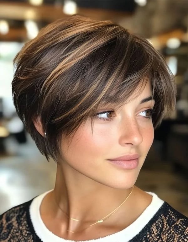 Dark Brown Ear Pixie With Side-Swept Bangs — Winter Haircuts 2027 for Oval Faces