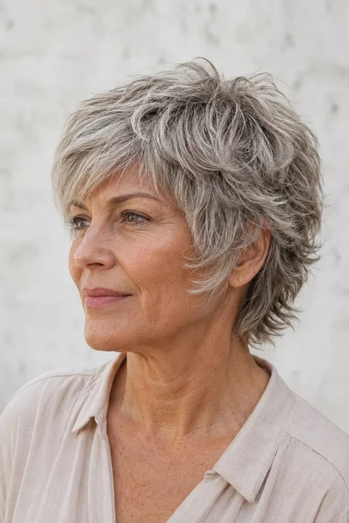 Gray Ear Pixie Cut With Textured Bangs — Winter Haircuts 2027 for Oval Faces