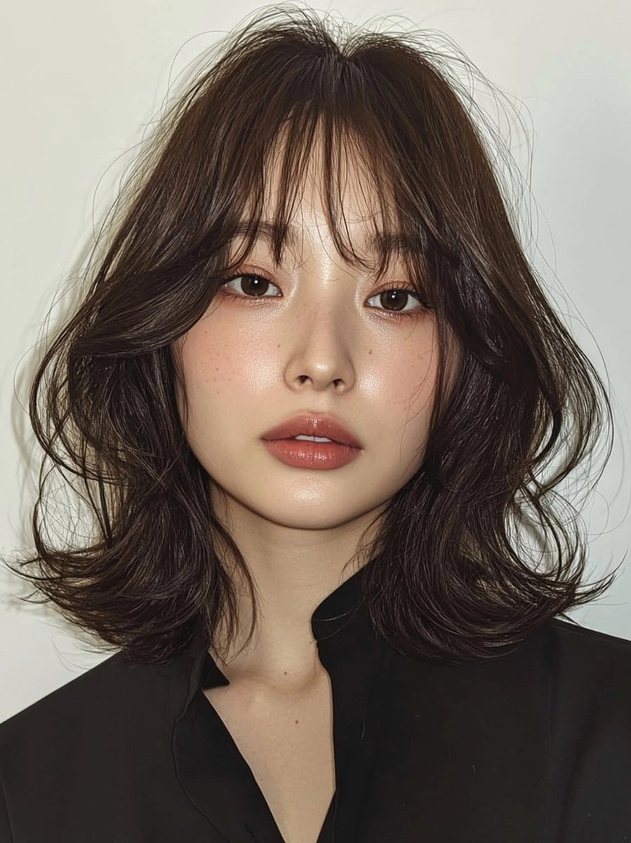 Dark Brown Lob With Soft Waves and Curtain Bangs Dark Brown Lob With Soft Waves and Curtain Bangs — Winter Haircuts 2027 for Square Faces