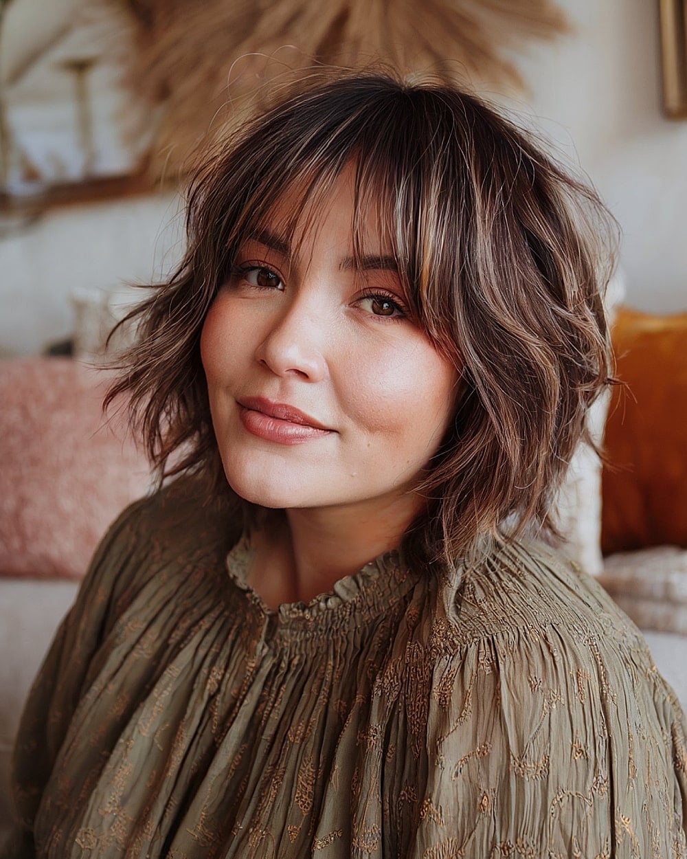 Shoulder Length Brown Shag With Curtain Bangs Shoulder Length Brown Shag With Curtain Bangs — Winter Hairstyles 2027 for Round Faces