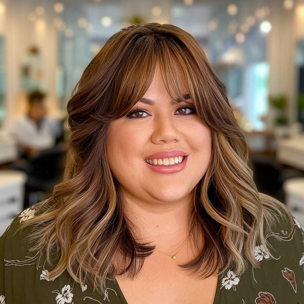 Collarbone Layered Lob With Caramel Balayage Collarbone Layered Lob With Caramel Balayage — Winter Hairstyles 2027 for Round Faces