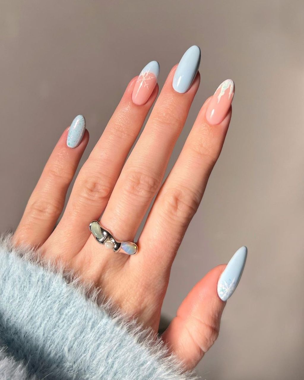 Icy Blue Pale Pink Snowflake Almond Nails — Winter Nail Colors 2027 for Pale Skin