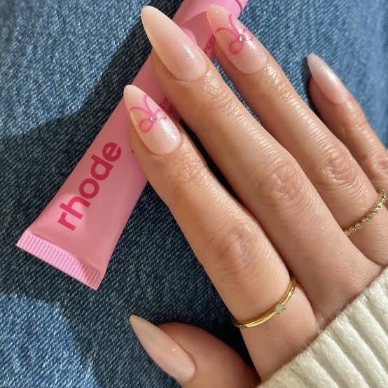 Pale Pink Bow Rhinestone Almond Nails — Winter Nail Colors 2027 for Pale Skin