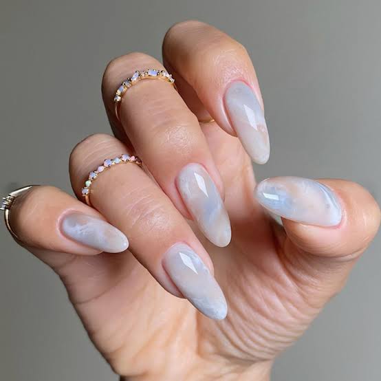 Marble Effect Sheer Nude Almond Nails — Winter Nail Colors 2027 for Pale Skin