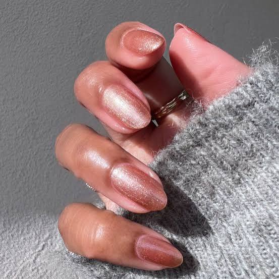 Metallic Rose Gold Shimmer Medium Almond Nails — Winter Nail Colors 2027 for Pale Skin