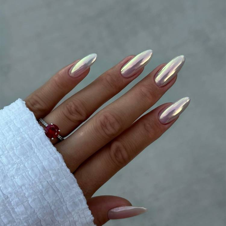Iridescent Pearl Chrome Long Almond Nails — Winter Nail Colors 2027 for Pale Skin