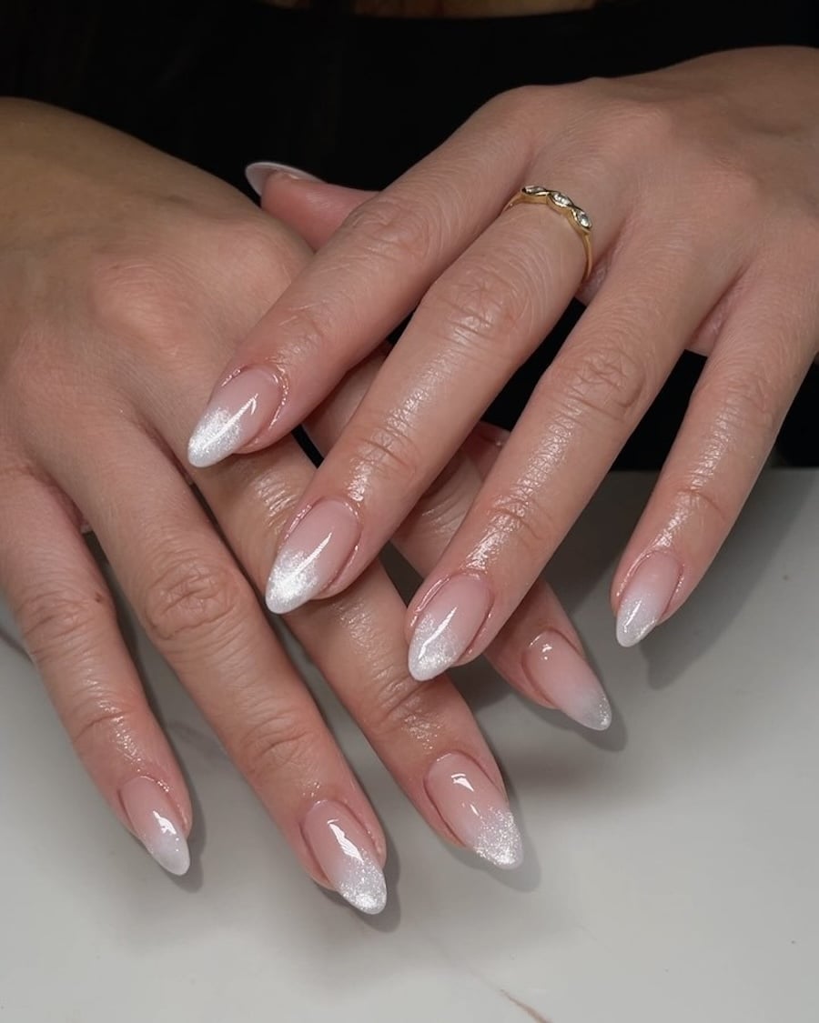 Shimmer French Tip Almond Nails — Winter Nail Colors 2027 for Pale Skin