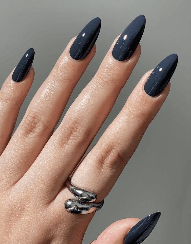 High Gloss Charcoal Gray Long Stiletto Nails — Winter Nail Colors 2027 for Pale Skin