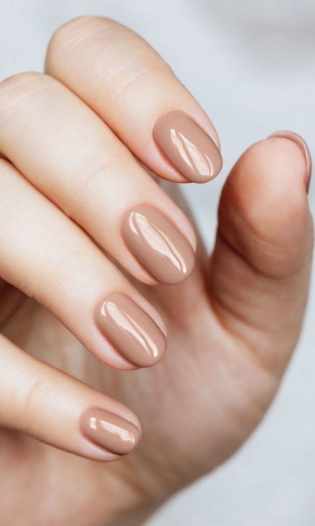 Medium Taupe Glossy Short Oval Nails — Winter Nail Colors 2027 for Pale Skin