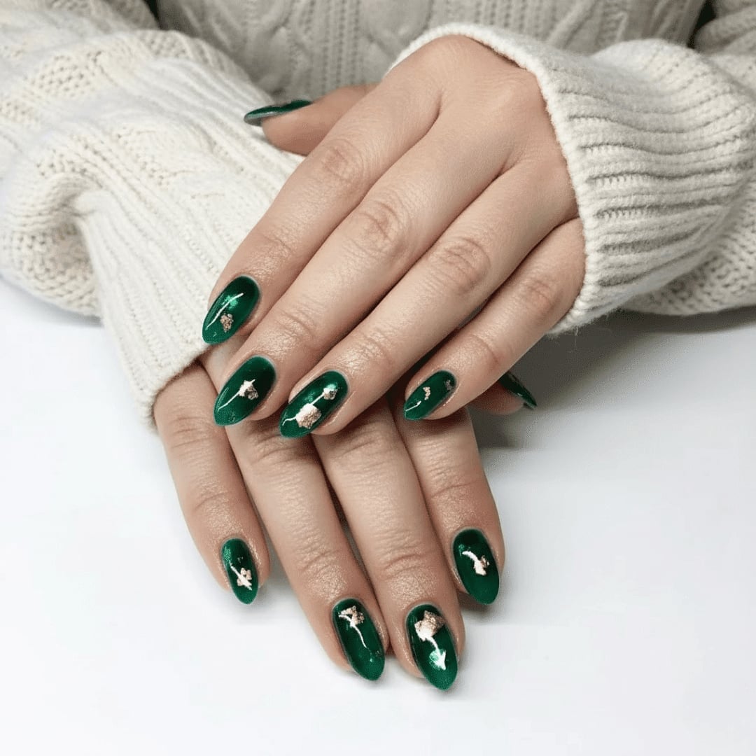 Emerald Green Metallic Foil Short Oval Nails — Winter Nail Colors 2027 for Pale Skin