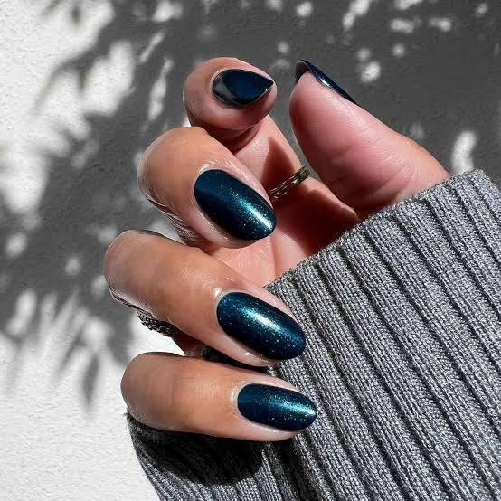 Shimmer Glitter Deep Teal Almond Nails — Winter Nail Colors 2027 for Pale Skin