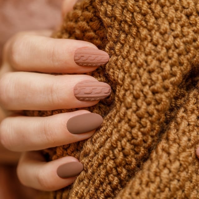 Matte Medium Brown Cable Knit Short Almond Nails — Winter Nail Colors 2027 for Pale Skin