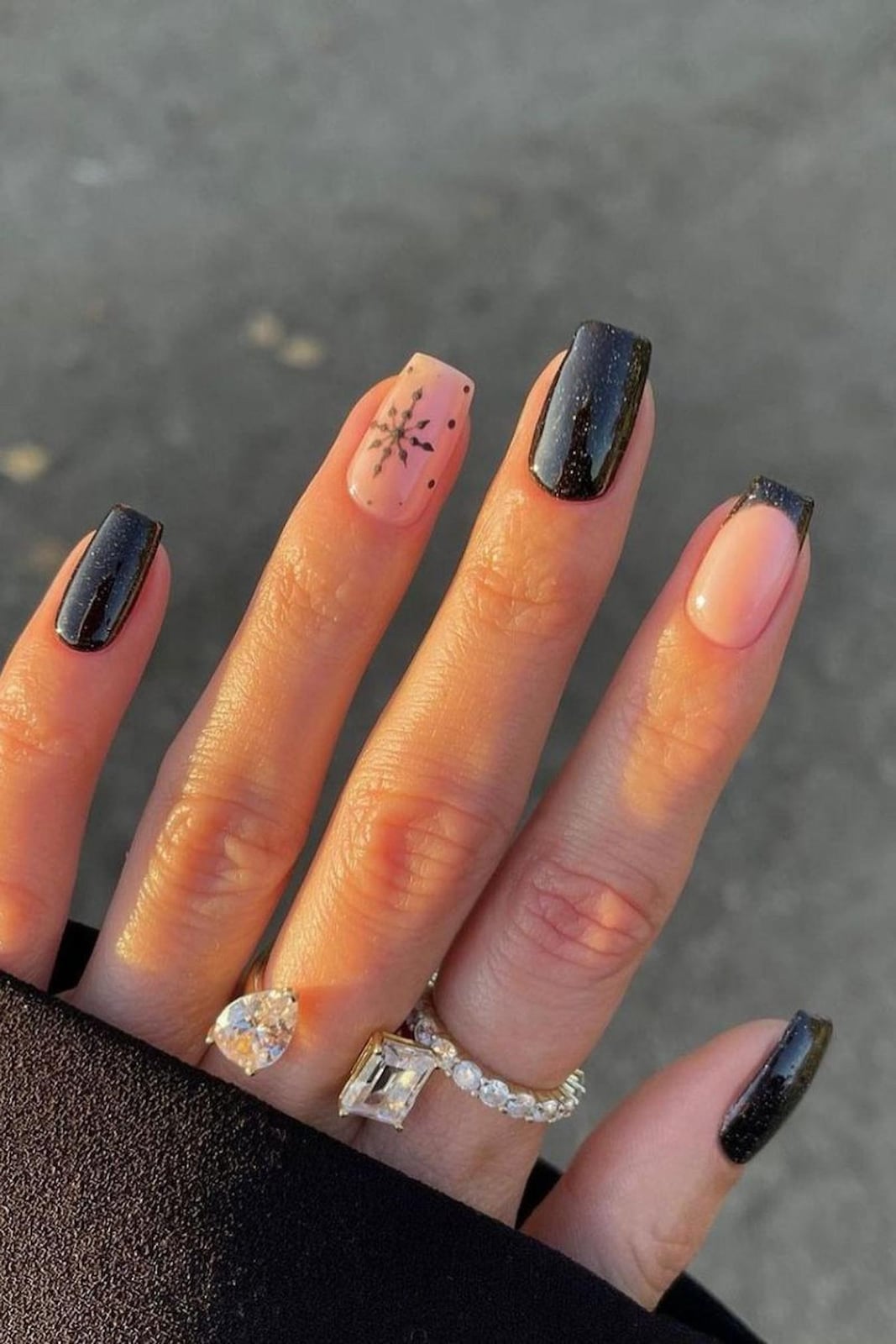 Black Glitter Snowflake French Tip Short Square Nails — Winter Nail Colors 2027 for Pale Skin