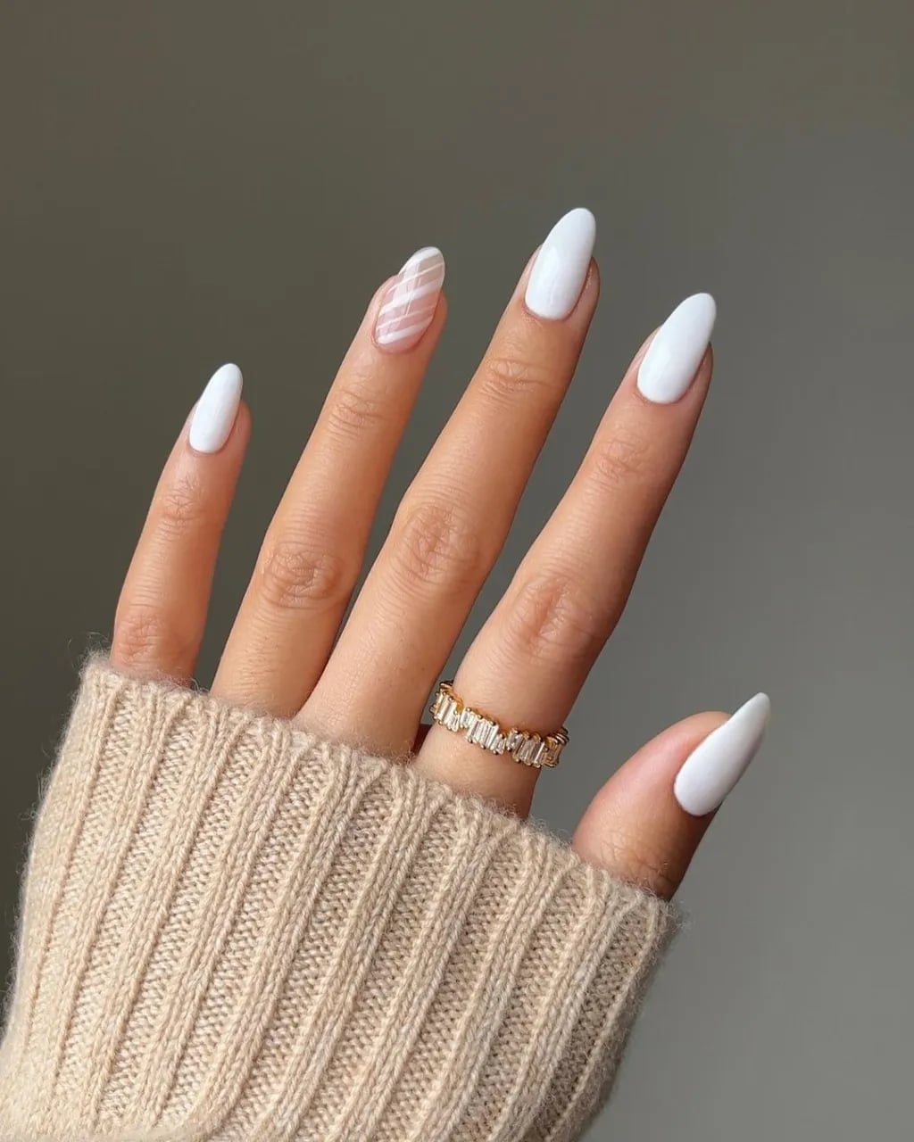 White Glossy Medium Almond Nails — Winter Nail Colors 2027 for Pale Skin