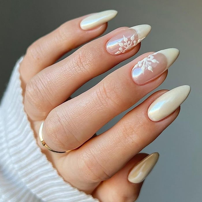 Pearlescent Ivory Snowflake Almond Nails — Winter Nail Colors 2027 for Pale Skin