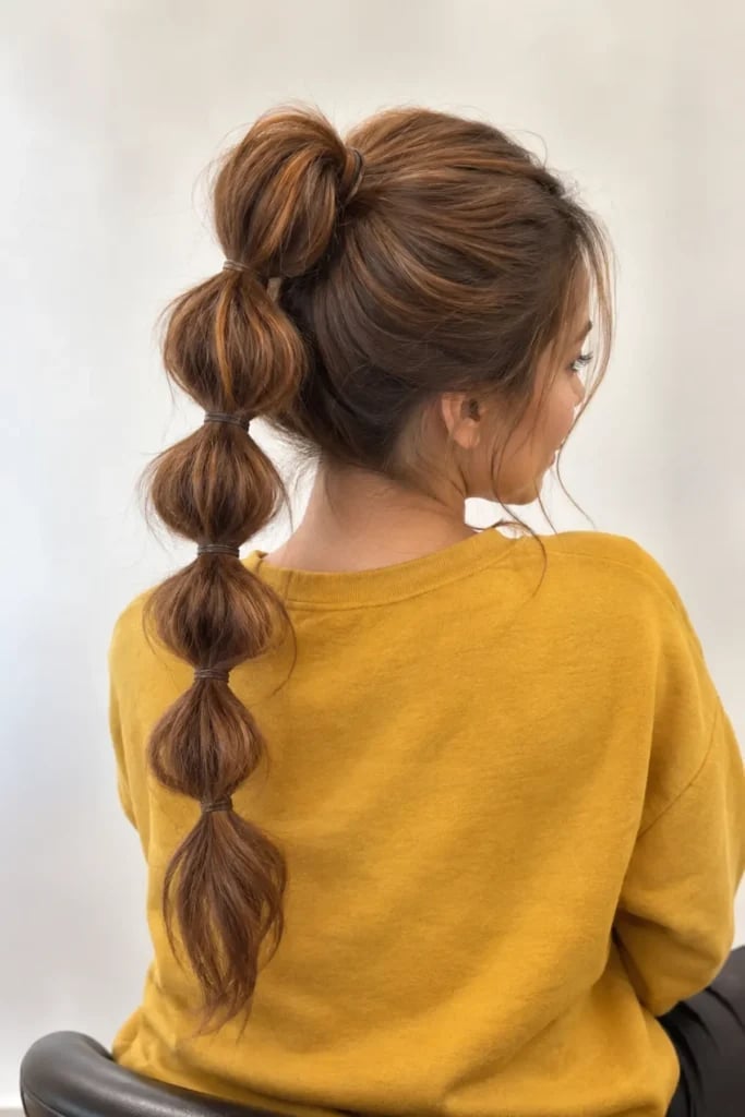 Thick Brown Bubble Ponytail With Highlights Thick Brown Bubble Ponytail With Highlights — Winter Ponytail Hairstyles 2027