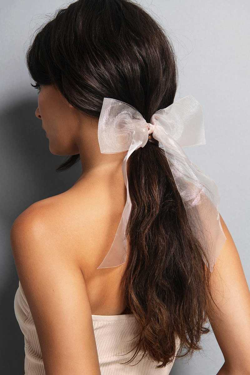 Dark Brown Ponytail With Sheer Pink Bow Dark Brown Ponytail With Sheer Pink Bow — Winter Ponytail Hairstyles 2027