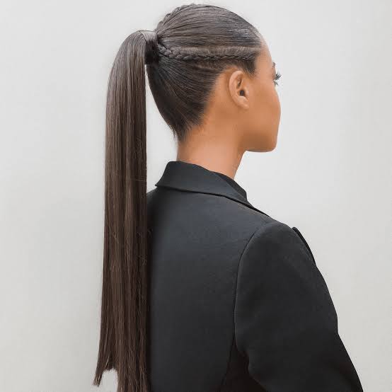 Long Gray-Brown Ponytail With Side Braids Long Gray-Brown Ponytail With Side Braids — Winter Ponytail Hairstyles 2027