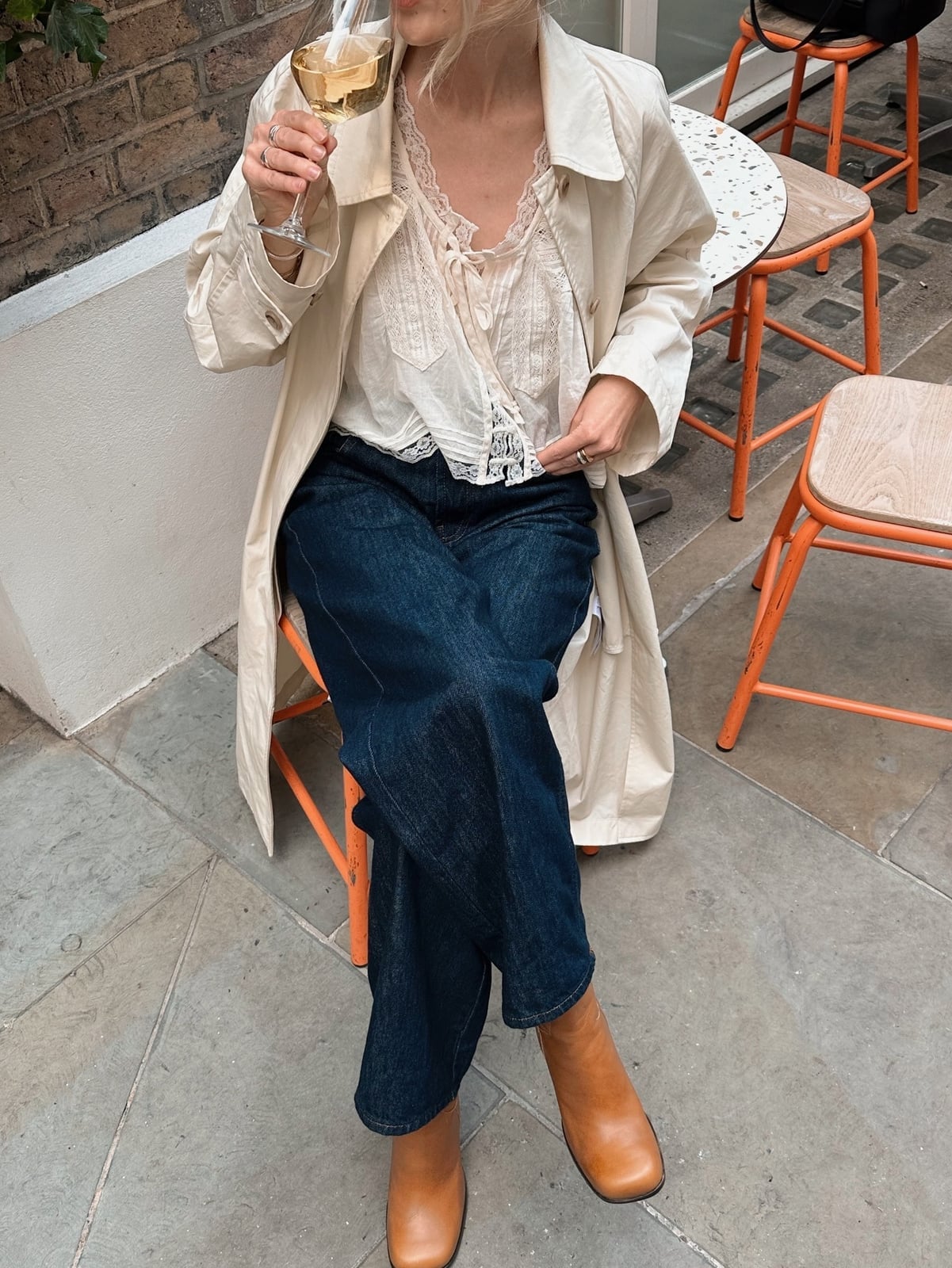 Beige trench coat over lace camisole and wide leg jeans Beige trench coat over lace camisole and wide leg jeans — Winter to Spring Transition Outfits 2027