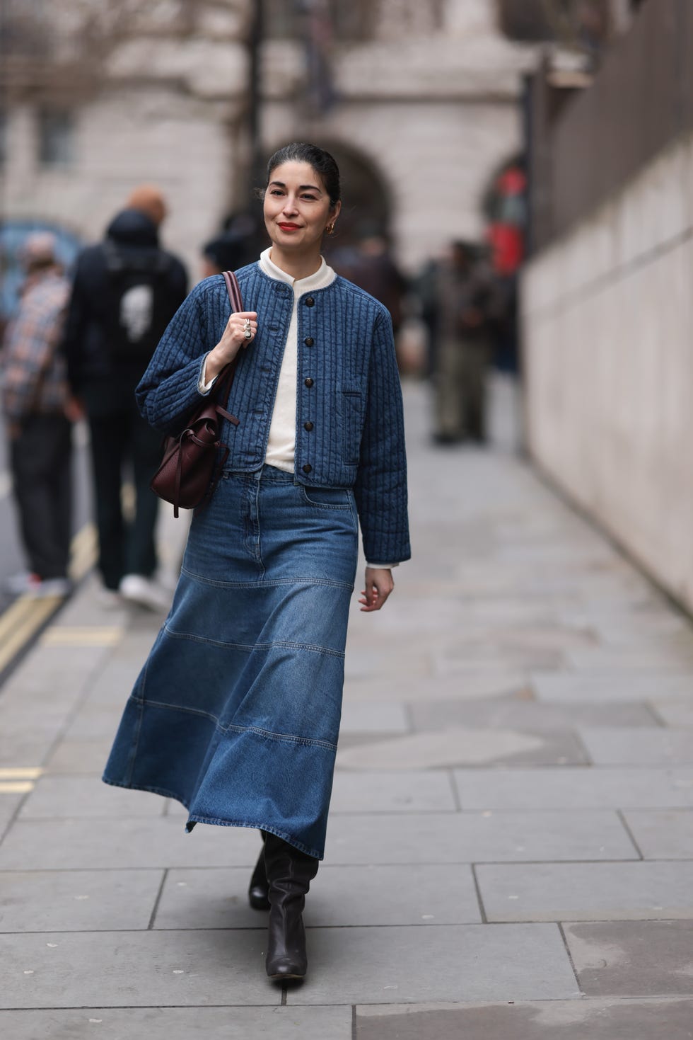 Quilted denim jacket with midi denim skirt Quilted denim jacket with midi denim skirt — Winter to Spring Transition Outfits 2027