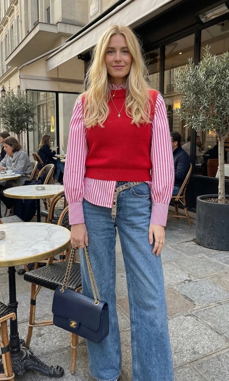 Red knit vest over striped shirt and wide leg jeans Red knit vest over striped shirt and wide leg jeans — Winter to Spring Transition Outfits 2027