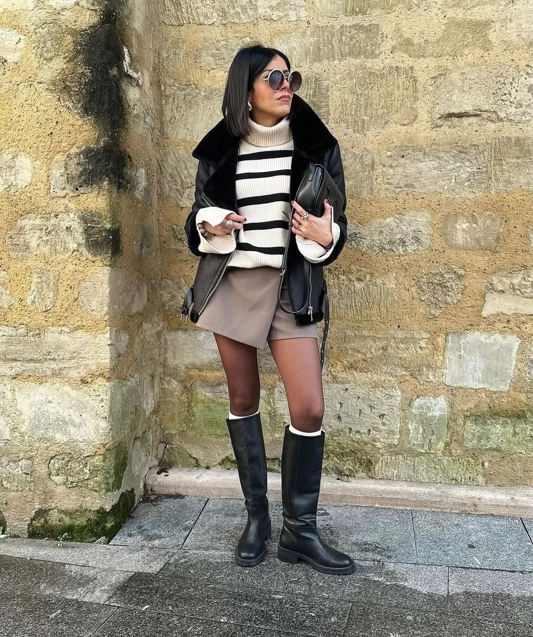 Faux fur collar jacket with skort and knee-high boots Faux fur collar jacket with skort and knee-high boots — Winter to Spring Transition Outfits 2027