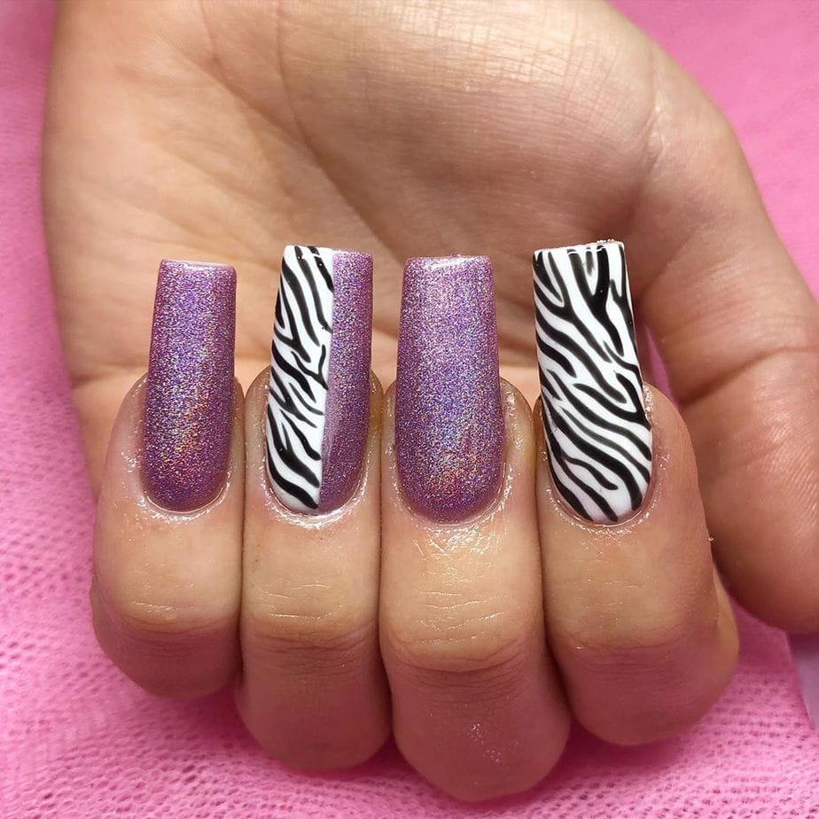 Glitter Lavender Zebra Half Print Square Nails Glitter Lavender Zebra Half Print Square Nails — Zebra Nails 2027