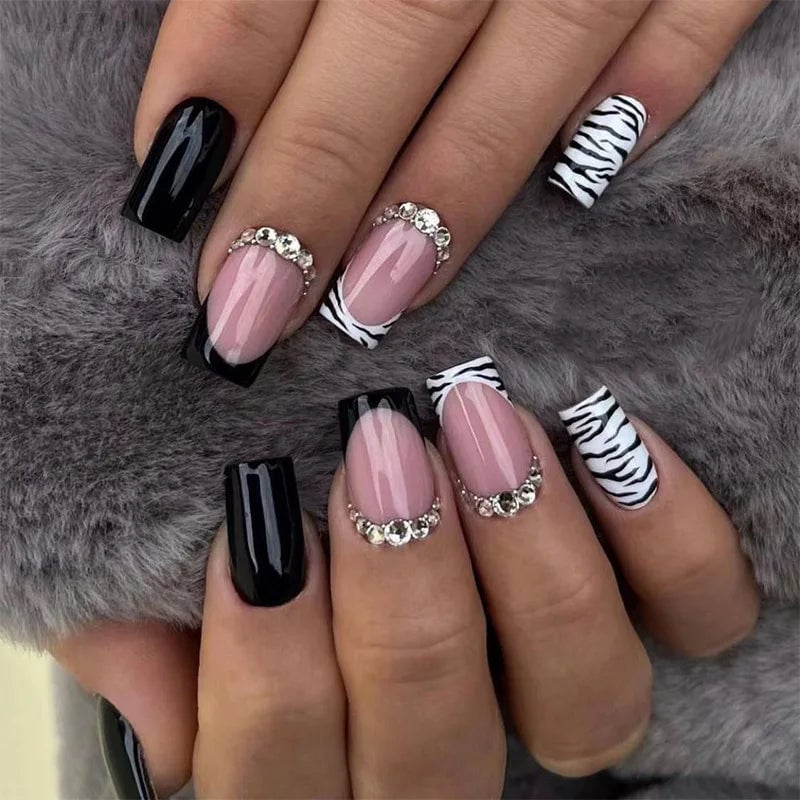 Zebra Accents with Rhinestone Cuticle Lines Zebra Accents with Rhinestone Cuticle Lines — Zebra Nails 2027