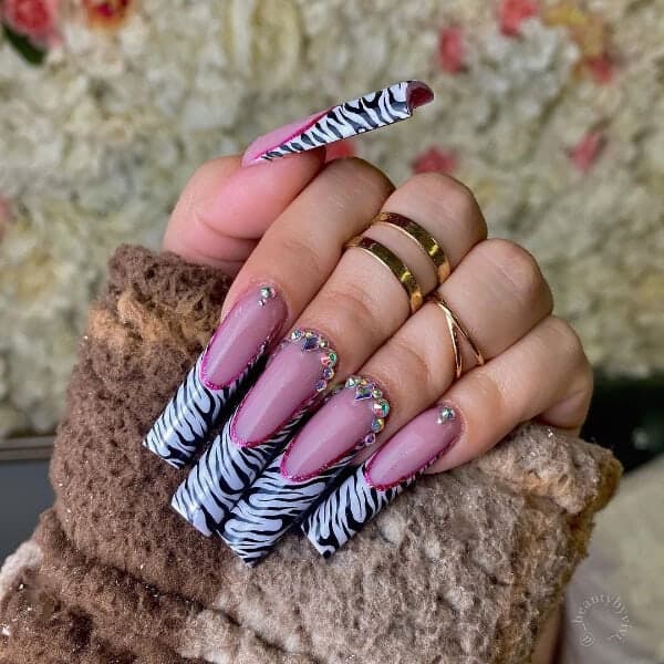 Pink Zebra French Tips with Rhinestone Accents Pink Zebra French Tips with Rhinestone Accents — Zebra Nails 2027