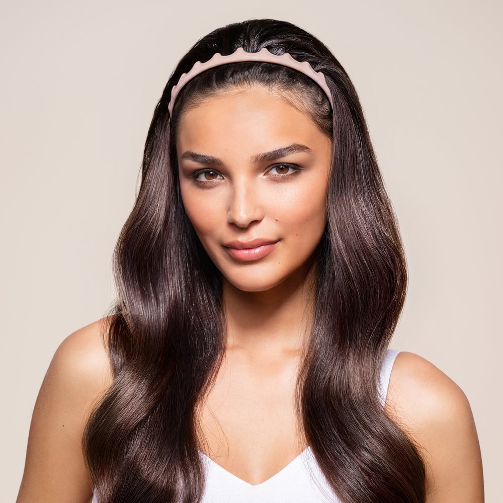 Thick Dark Brown Loose Waves With Pink Headband — Zigzag Headband Hairstyles 2027