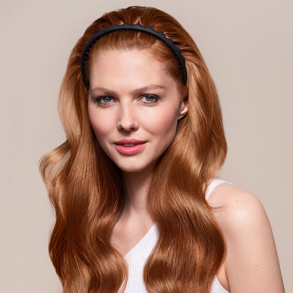 Thick Red Wavy Hair With Black Zigzag Headband, Mid-Back — Zigzag Headband Hairstyles 2027
